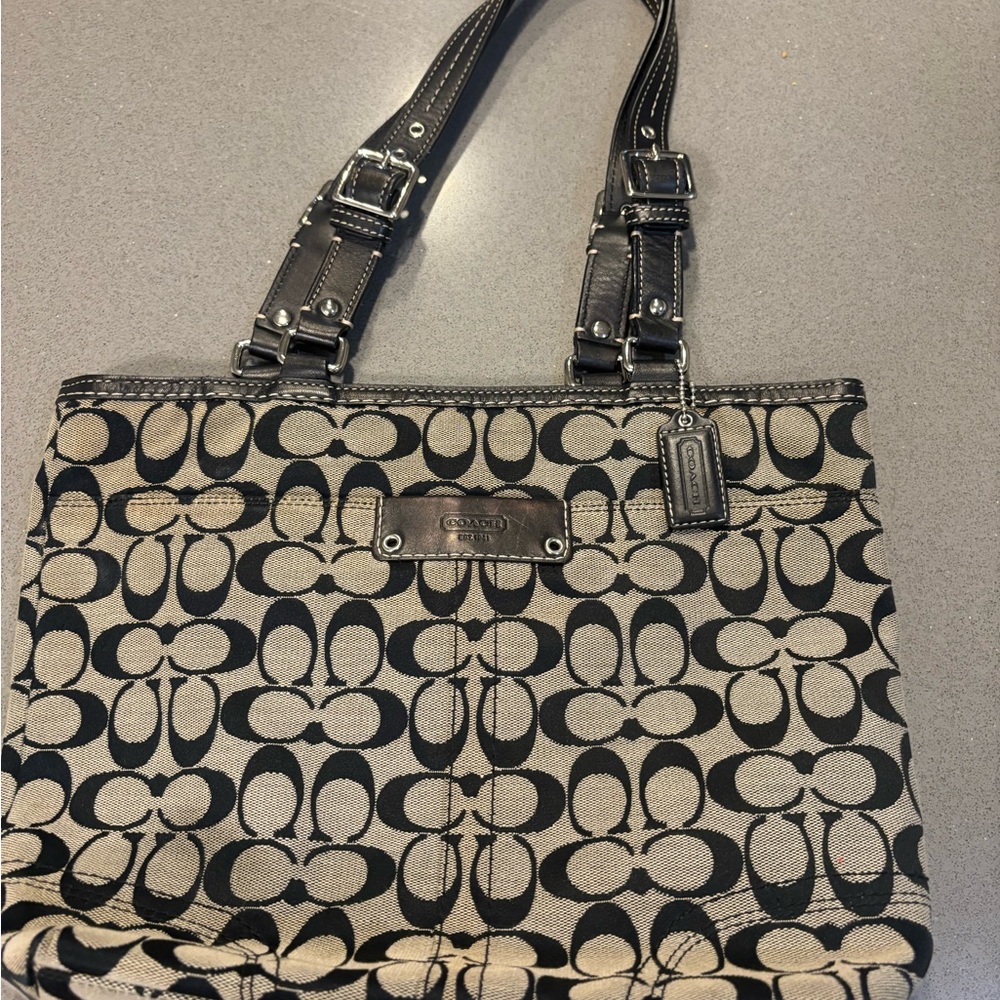 Coach Black and Tan Signature Shoulder Bag